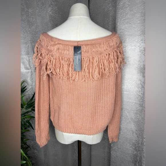 NWT Lulus Sew Prepared Dusty Rose Fringe Knit Off Shoulder Sweater Sz S - Picture 7 of 11